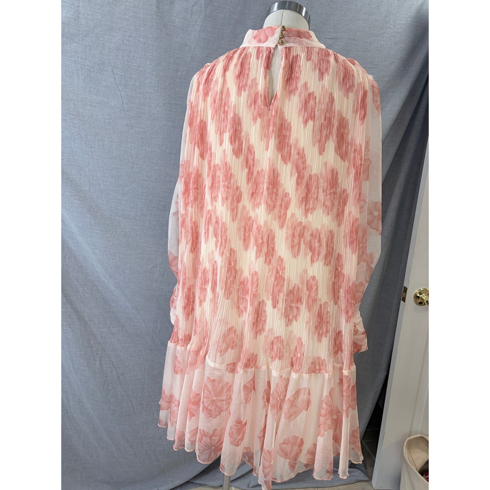 L'Atiste by Amy Pink Floral Pleated Mini Dress Mock Neck Long‎ Sleeve Womens 1X - Picture 10 of 13